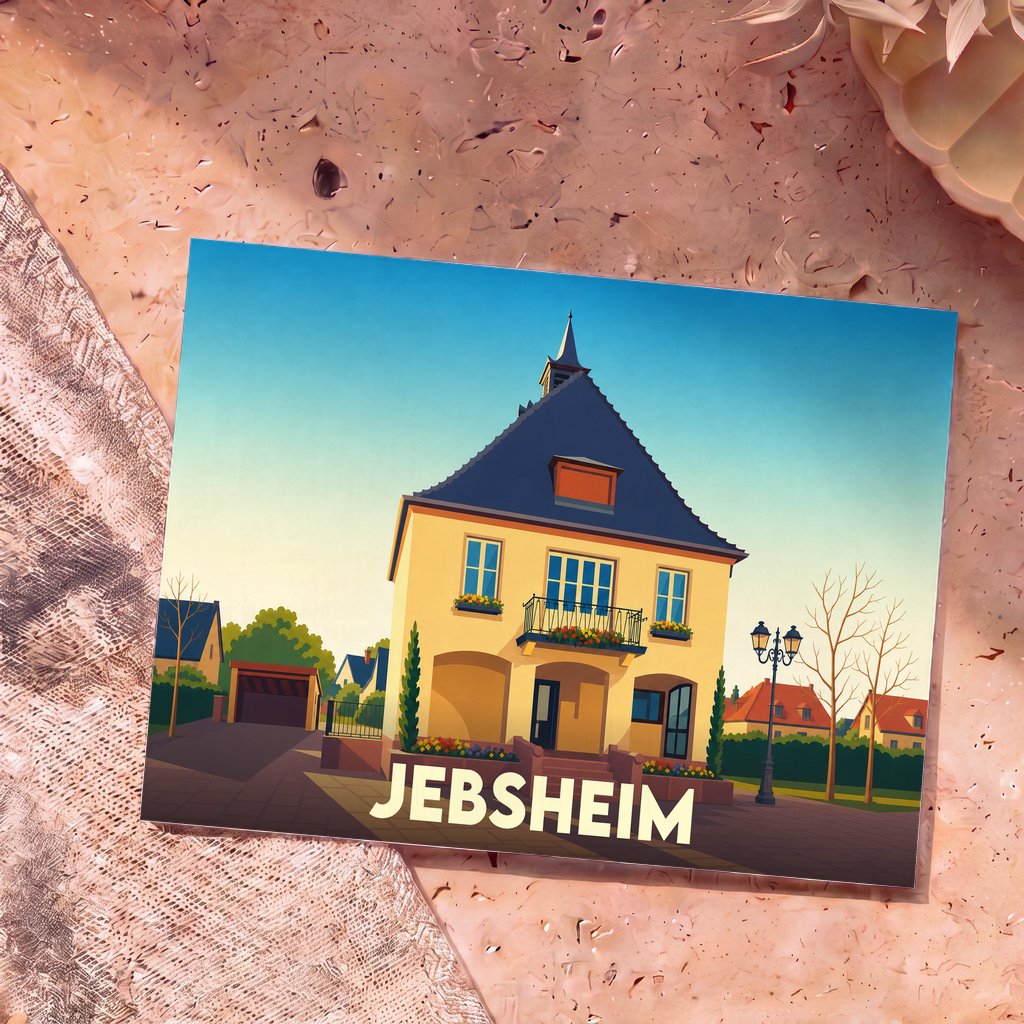 Carte postale souvenir de la ville de Jebsheim avec une illustration stylisée d'une maison traditionnelle alsacienne.