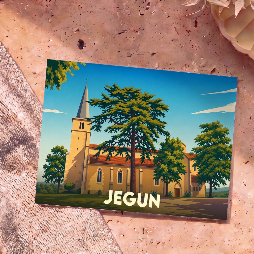 Carte postale souvenir de la ville de Jegun avec une illustration stylisée de son église entourée d'arbres.