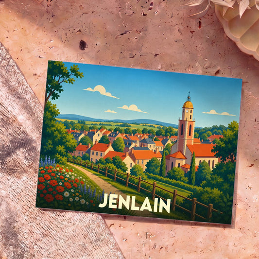 Carte postale souvenir de la ville de Jenlain avec une illustration stylisée d'un village pittoresque et de son clocher.