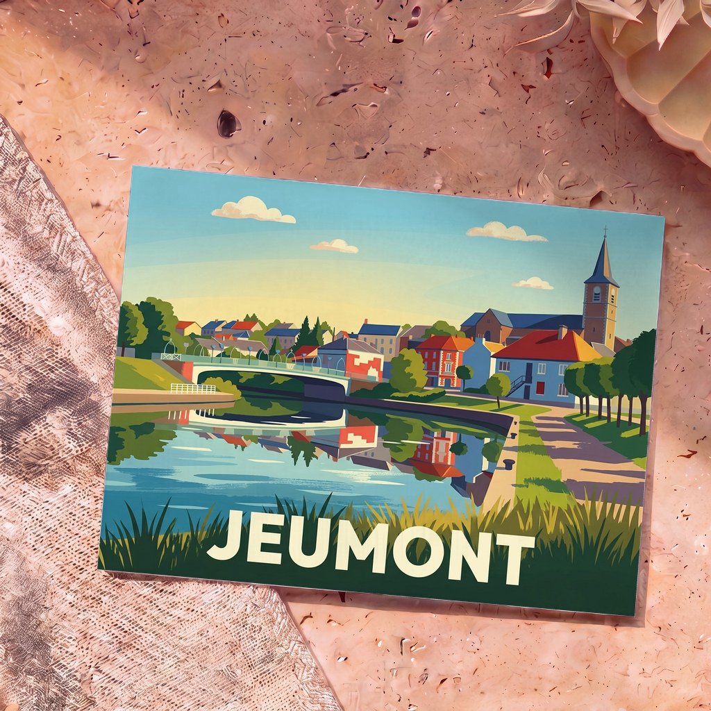 Carte postale souvenir de la ville de Jeumont avec une illustration stylisée des bords de la Sambre.