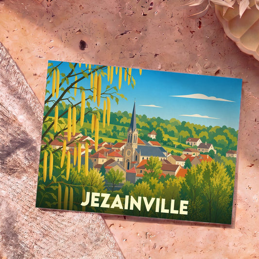 Carte postale souvenir de la ville de Jezainville avec une illustration stylisée de son église et de ses paysages verdoyants.