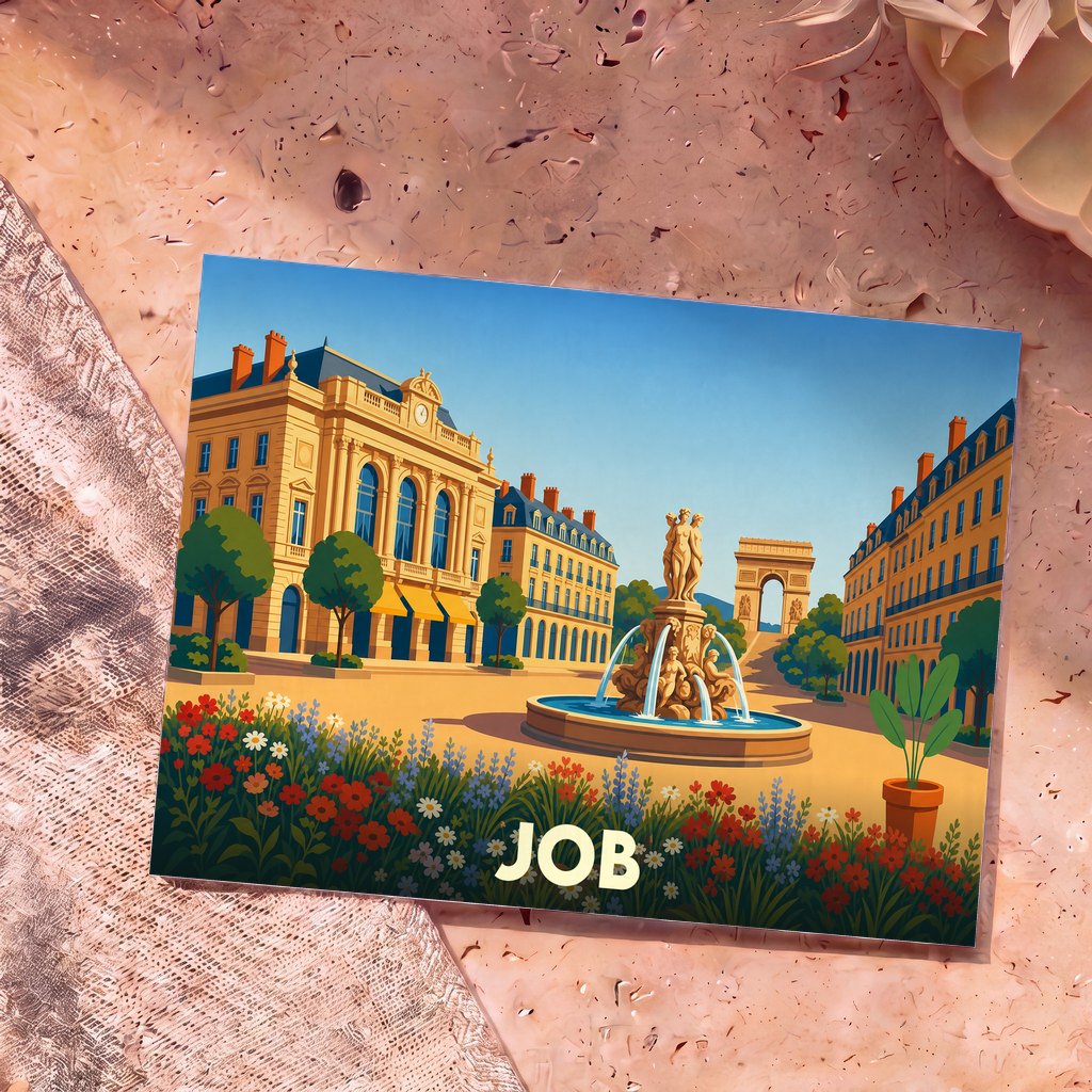 Carte postale souvenir de la ville de Job présentant une illustration stylisée d'une place animée avec une fontaine.