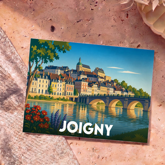 Carte postale souvenir de la ville de Joigny avec une illustration stylisée des bords de l'Yonne.
