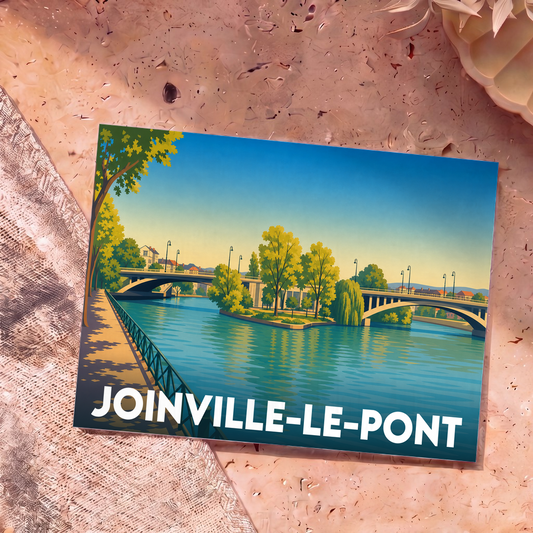 Carte postale souvenir de la ville de Joinville-le-Pont avec une illustration stylisée des bords de Marne et de son pont.