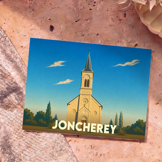 Carte postale souvenir de la ville de Joncherey avec une illustration stylisée de son église.