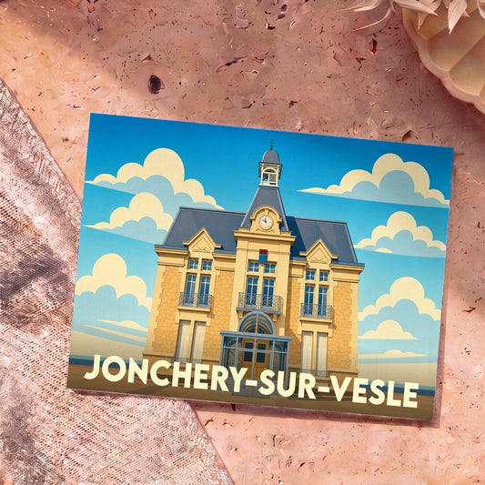 Carte postale souvenir de la ville de Jonchery-sur-Vesle avec une illustration stylisée de sa mairie.