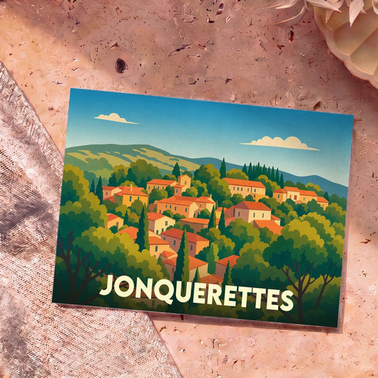 Carte postale souvenir de la ville de Jonquerettes avec une illustration stylisée de son paysage provençal.
