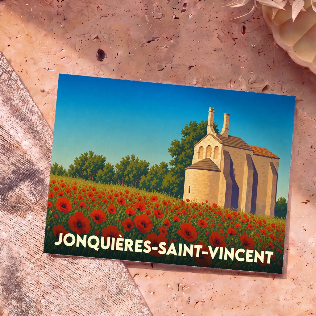 Carte postale souvenir de Jonquières-Saint-Vincent illustrant une chapelle provençale au cœur d'un champ de coquelicots.