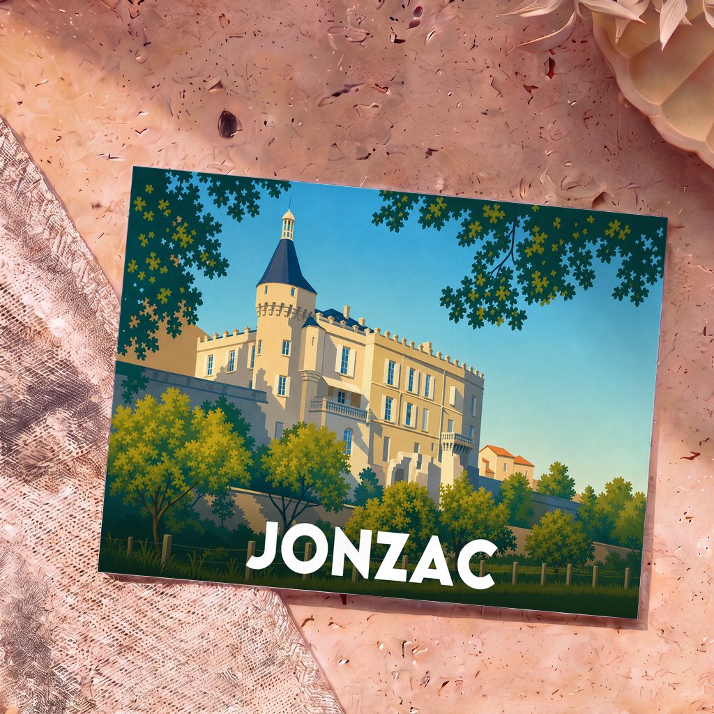 Carte postale souvenir de la ville de Jonzac illustrant son château dans un style graphique épuré.