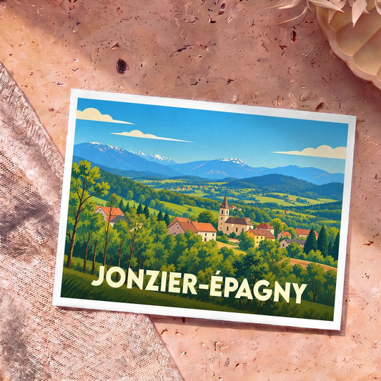 Carte postale souvenir de la ville de Jonzier-Épagny avec une illustration stylisée d'un paysage de montagne.
