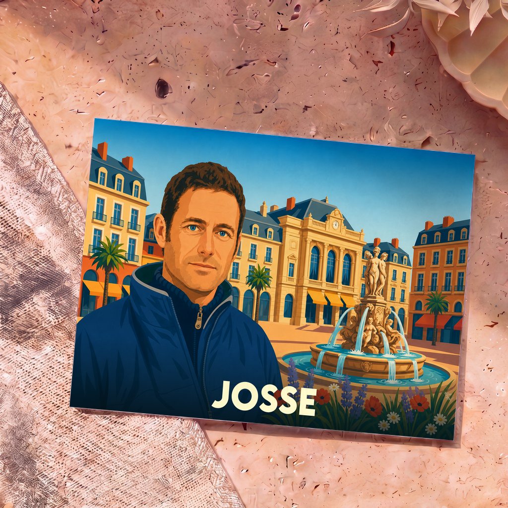 Carte postale souvenir de la ville de Josse avec une illustration stylisée d'un homme devant une place ensoleillée.