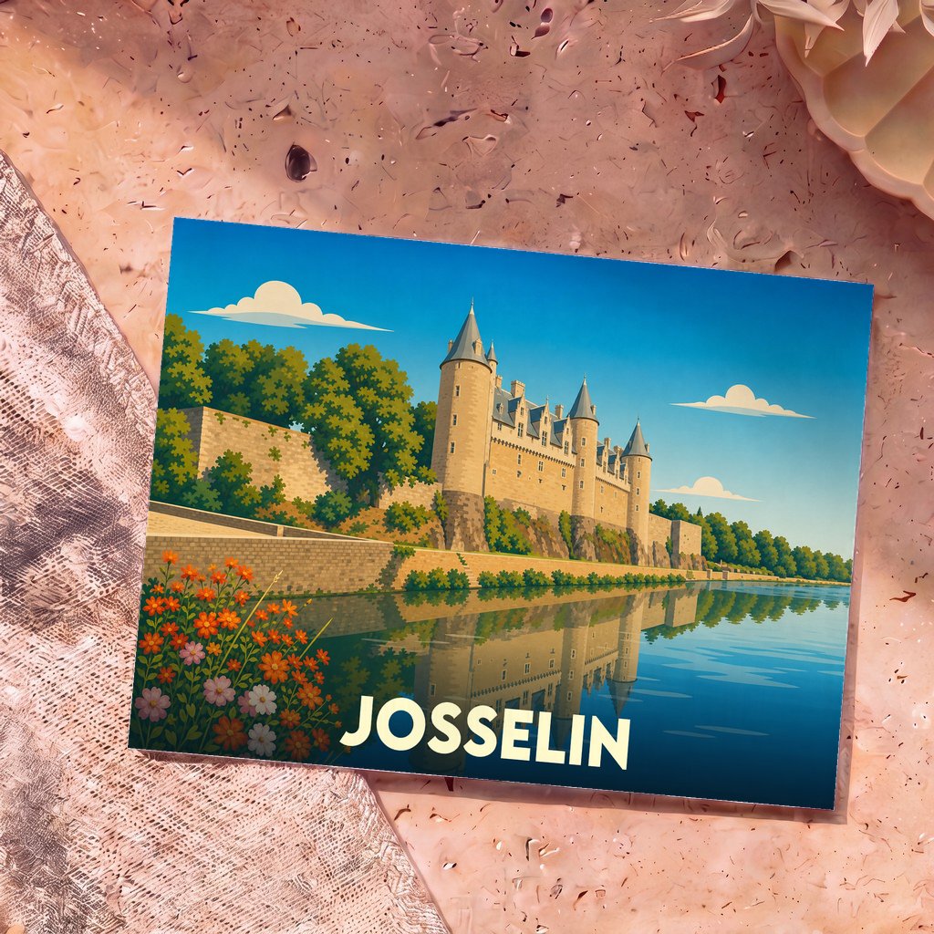 Carte postale souvenir de la ville de Josselin illustrant son château et son reflet dans l'eau.