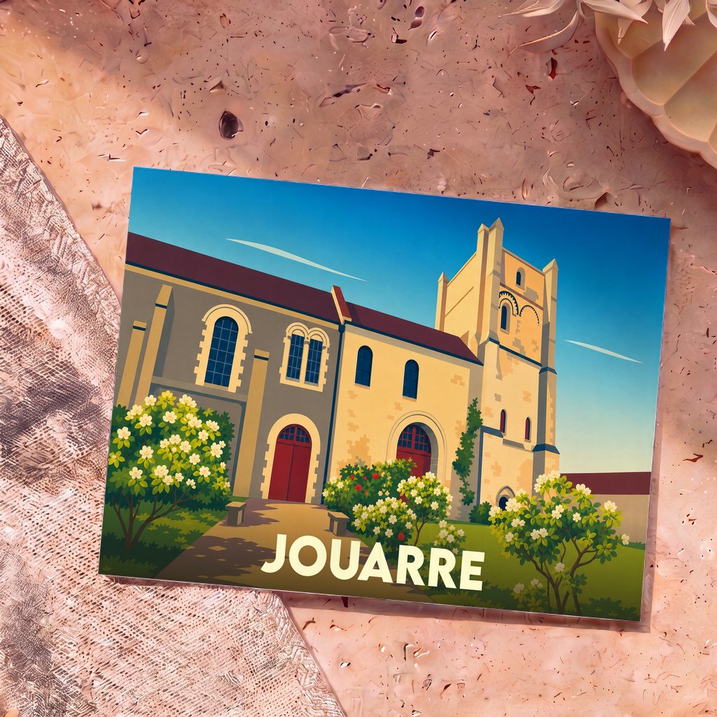 Carte postale souvenir de la ville de Jouarre illustrant son abbaye avec un style graphique épuré et coloré.