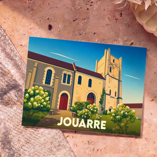 Carte postale souvenir de la ville de Jouarre illustrant son abbaye avec un style graphique épuré et coloré.