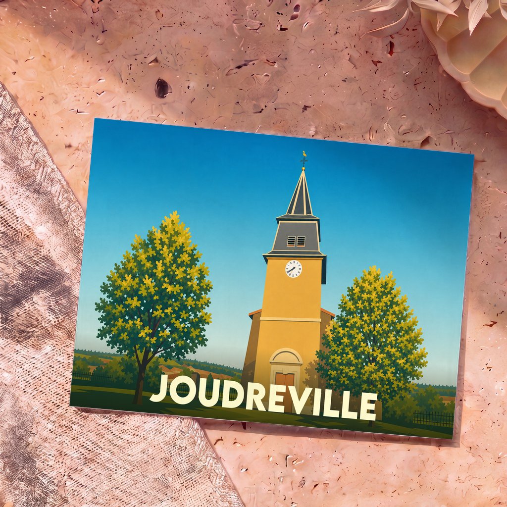 Carte postale souvenir de la ville de Joudreville arborant une illustration stylisée de son église entourée de deux arbres.