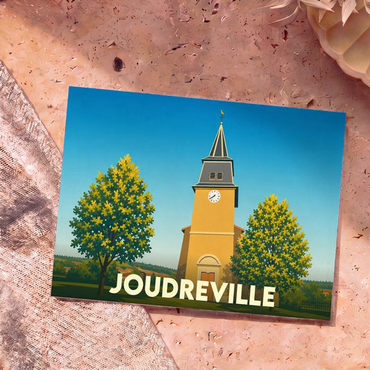 Carte postale souvenir de la ville de Joudreville arborant une illustration stylisée de son église entourée de deux arbres.