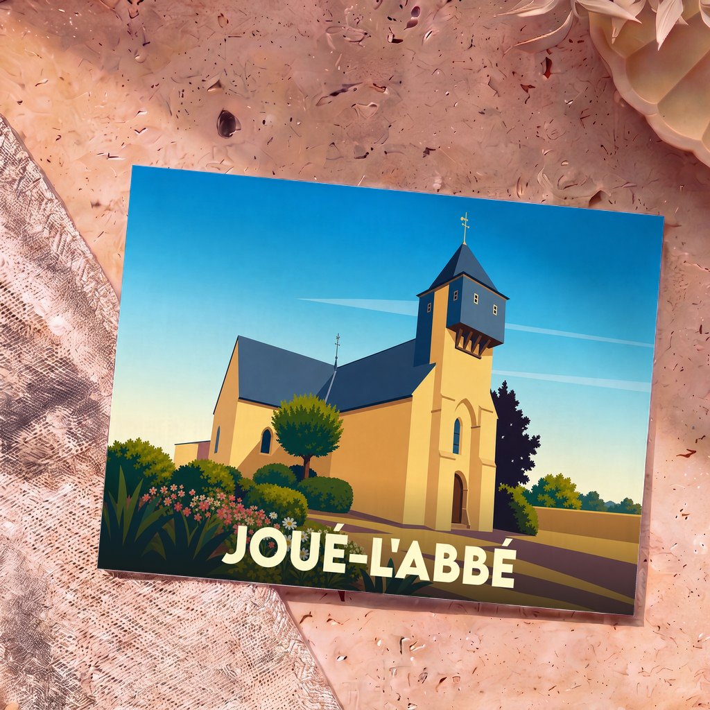 Carte postale souvenir de la ville de Joué-l'Abbé illustrant son église dans un style graphique épuré.