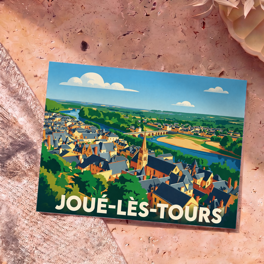 Carte postale souvenir de la ville de Joué-lès-Tours avec une illustration stylisée.
