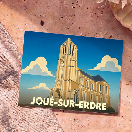 Carte postale souvenir de la ville de Joué-sur-Erdre avec une illustration stylisée de son église.