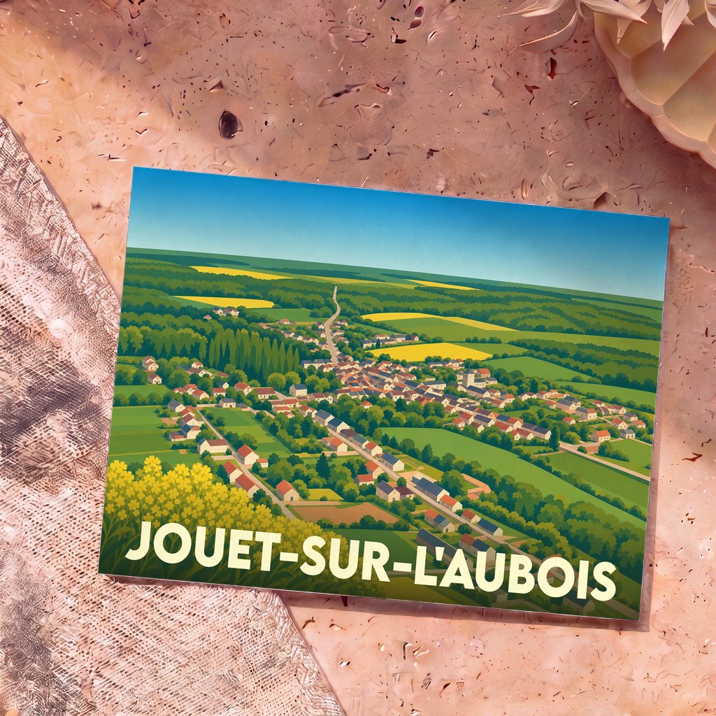 Carte postale souvenir de la ville de Jouet-sur-l'Aubois avec une illustration aérienne et stylisée.