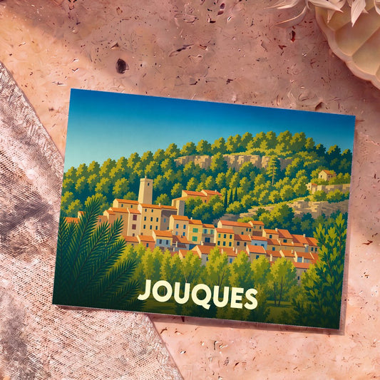 Carte postale souvenir de la ville de Jouques illustrant son village perché dans un style graphique et coloré.