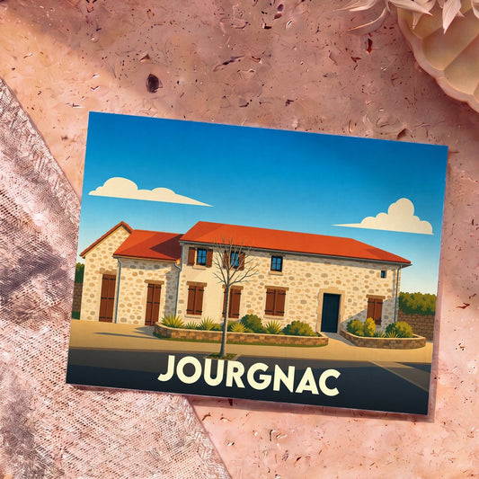 Carte postale souvenir de la ville de Jourgnac avec une illustration stylisée d'une maison traditionnelle en pierre.