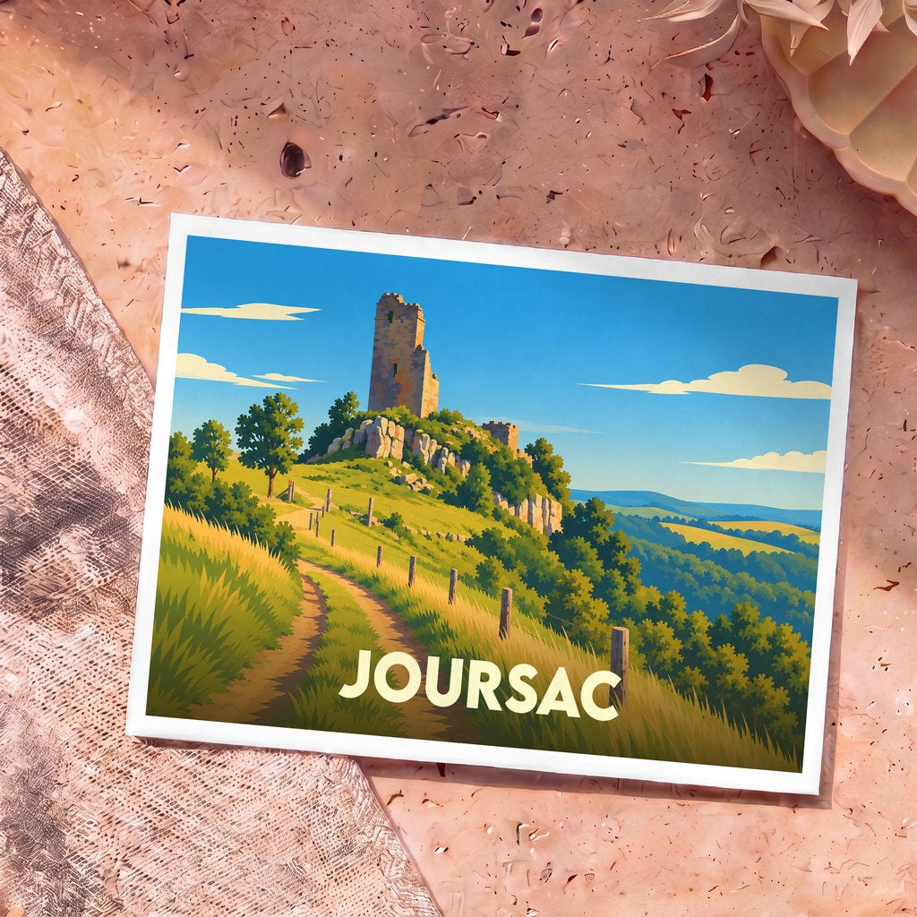 Carte postale souvenir de la ville de Joursac avec une illustration stylisée de son château en ruine sur une colline.
