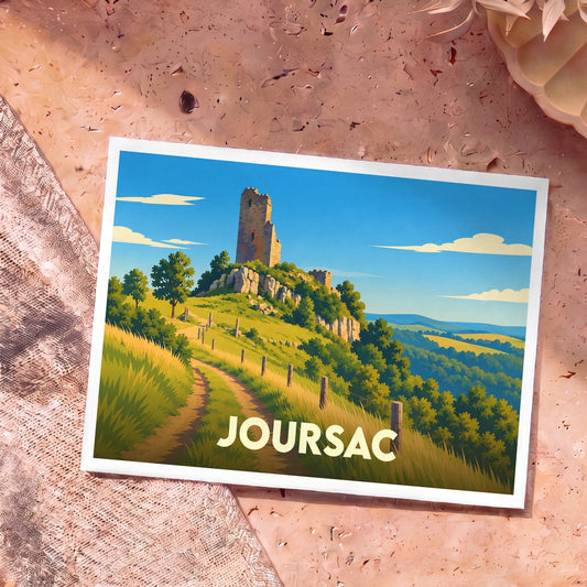 Carte postale souvenir de la ville de Joursac avec une illustration stylisée de son château en ruine sur une colline.