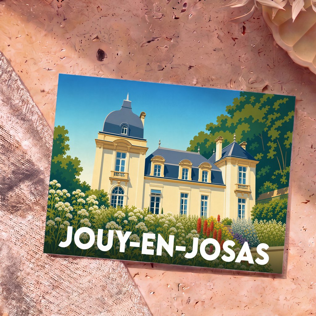 Carte postale souvenir de la ville de Jouy-en-Josas avec une illustration stylisée d'un château fleuri.