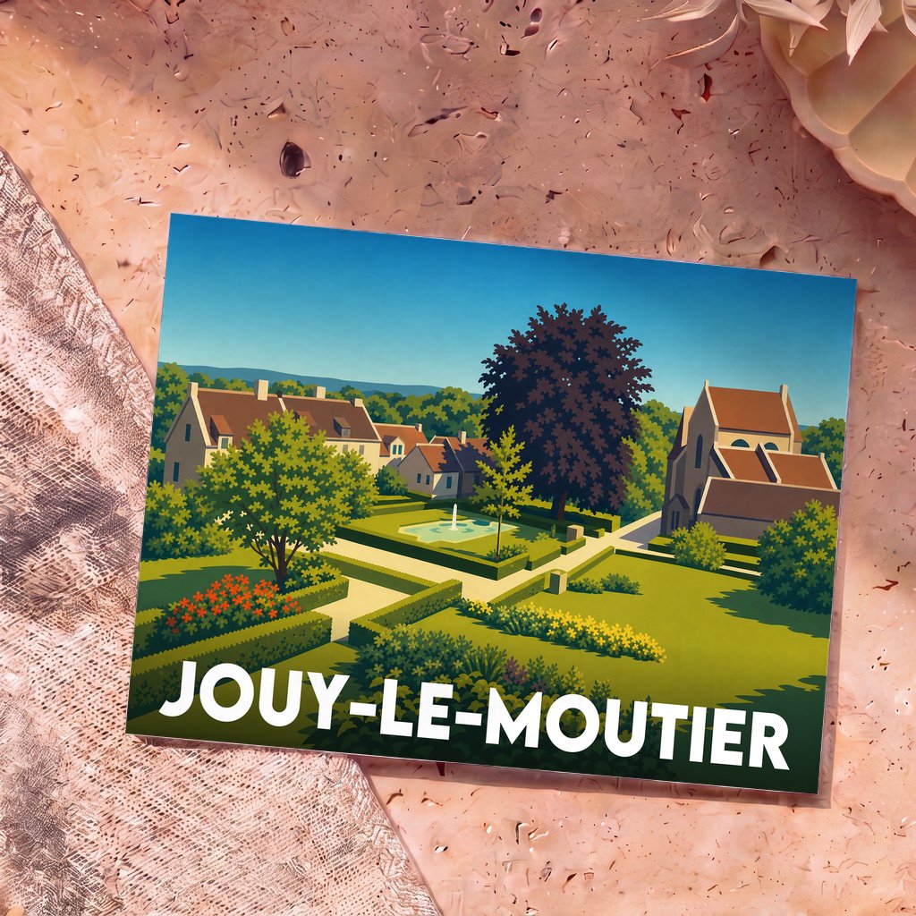 Carte postale souvenir de la ville de Jouy-le-Moutier avec une illustration stylisée d'un parc et de bâtiments anciens.