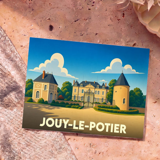 Carte postale souvenir de la ville de Jouy-le-Potier illustrant un château stylisé sous un ciel bleu.