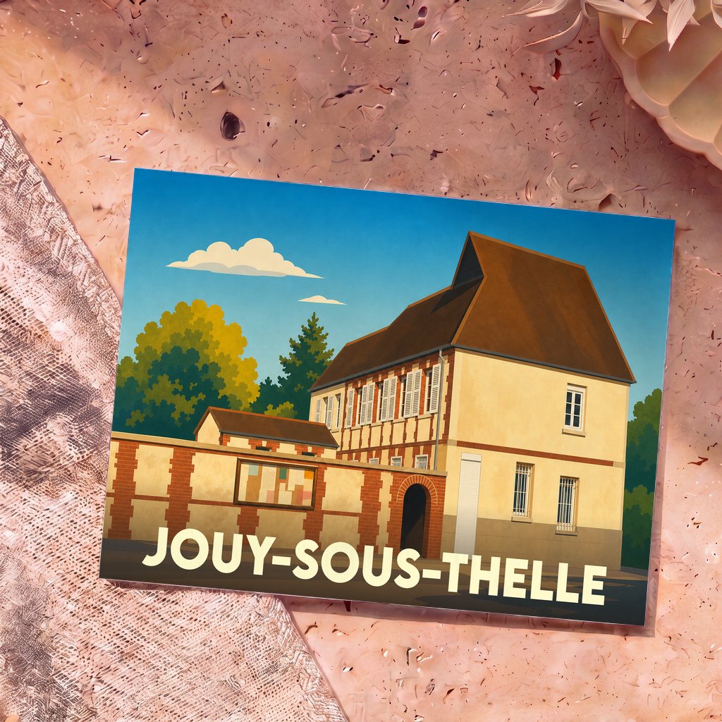 Carte postale souvenir de la ville de Jouy-sous-Thelle avec une illustration stylisée de sa mairie.