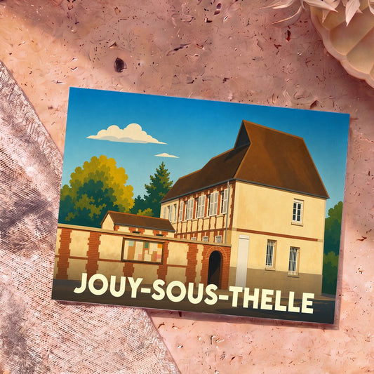 Carte postale souvenir de la ville de Jouy-sous-Thelle avec une illustration stylisée de sa mairie.
