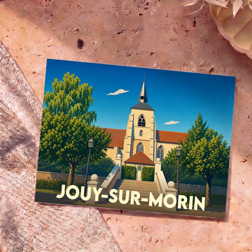 Carte postale souvenir de la ville de Jouy-sur-Morin avec une illustration stylisée de son église sous un ciel bleu.