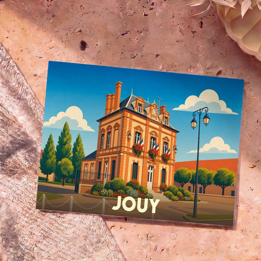 Carte postale souvenir de la ville de Jouy illustrant son hôtel de ville dans un style graphique coloré.