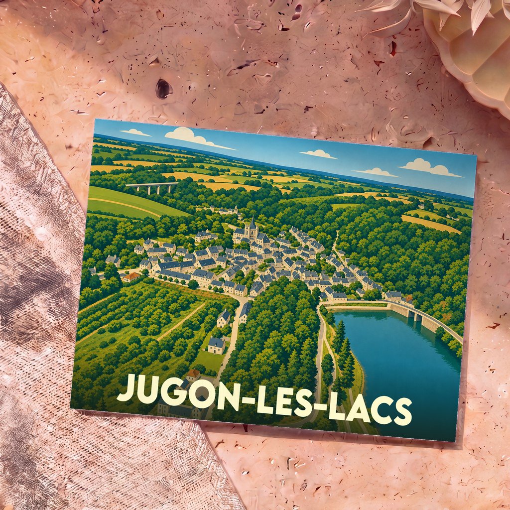 Carte postale souvenir de la ville de Jugon-les-Lacs avec une illustration stylisée vue du ciel.