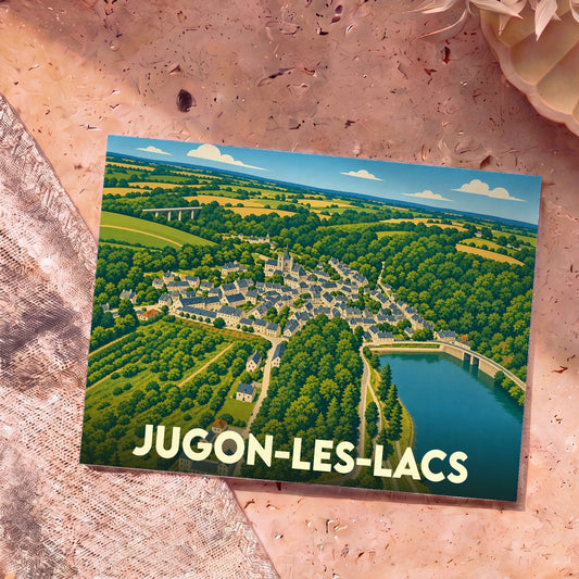 Carte postale souvenir de la ville de Jugon-les-Lacs avec une illustration stylisée vue du ciel.