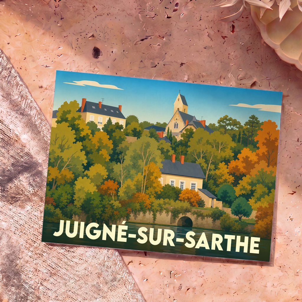Carte postale souvenir de Juigné-sur-Sarthe présentant une illustration stylisée du village et de son église bordant la rivière.