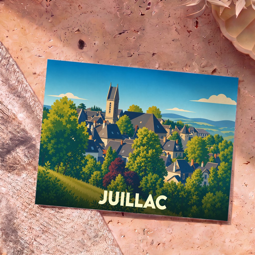 Carte postale souvenir de la ville de Juillac avec une illustration stylisée et colorée.