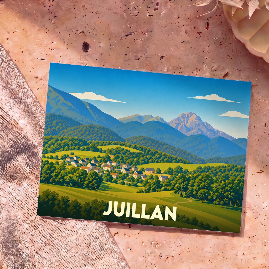 Carte postale souvenir de la ville de Juillan avec une illustration stylisée d'un village de montagne.