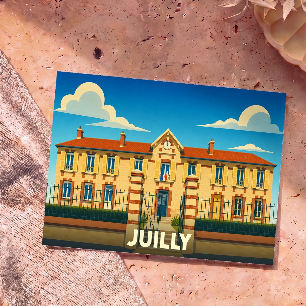 Carte postale souvenir de la ville de Juilly avec une illustration stylisée de sa mairie sous un ciel bleu.