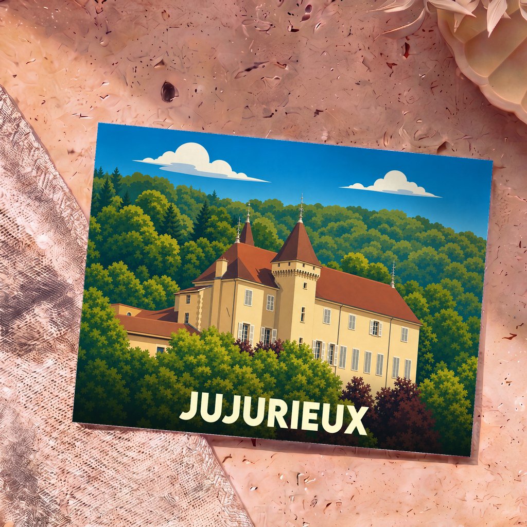 Carte postale souvenir de la ville de Jujurieux avec une illustration stylisée de son château niché au cœur d'une forêt.