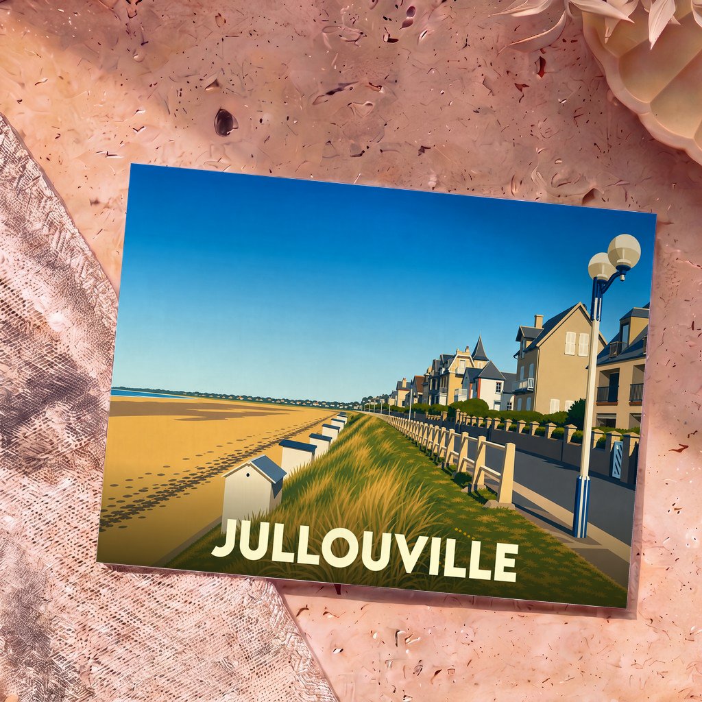 Carte postale souvenir de Jullouville représentant une illustration stylisée de sa plage, ses cabines et son front de mer.