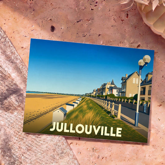 Carte postale souvenir de Jullouville représentant une illustration stylisée de sa plage, ses cabines et son front de mer.