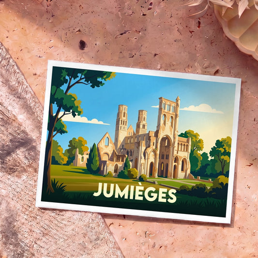 Carte postale souvenir de la ville de Jumièges avec une illustration stylisée de son abbaye en ruines.