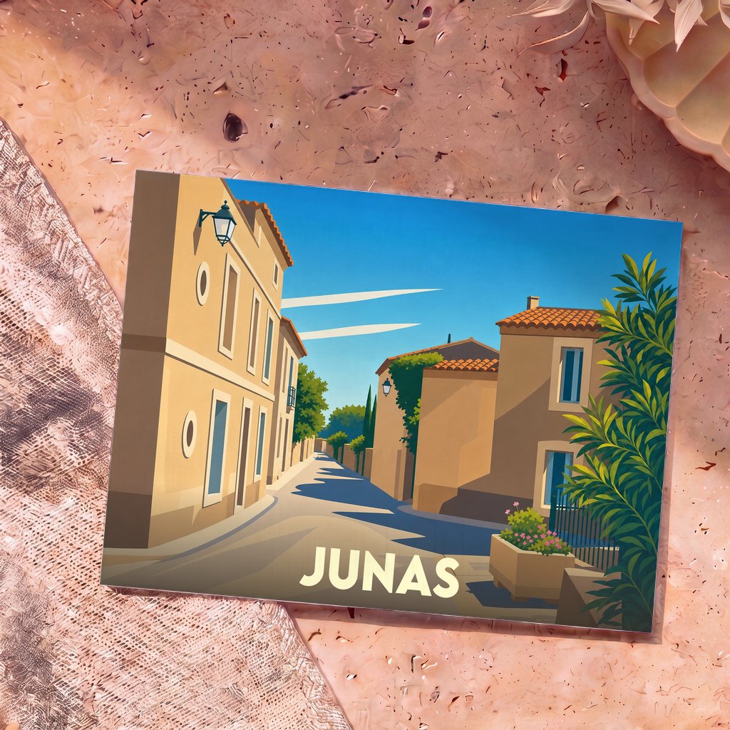 Carte postale souvenir de la ville de Junas avec une illustration stylisée de ses rues ensoleillées.