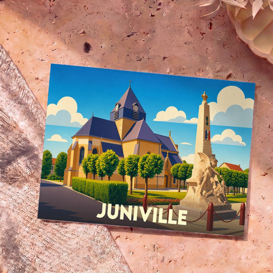 Carte postale souvenir de la ville de Juniville avec une illustration stylisée de son église et de son monument aux morts.