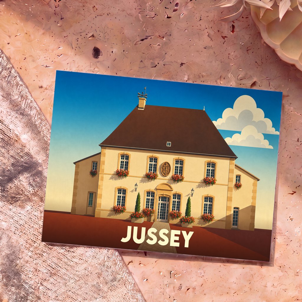Carte postale souvenir de la ville de Jussey illustrant son hôtel de ville dans un style graphique épuré.