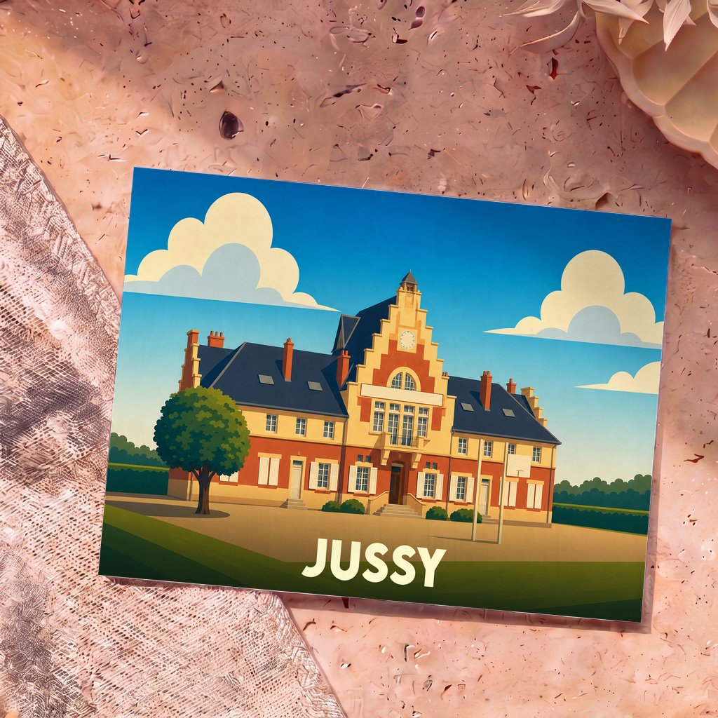 Carte postale souvenir de la ville de Jussy avec une illustration stylisée de sa mairie.