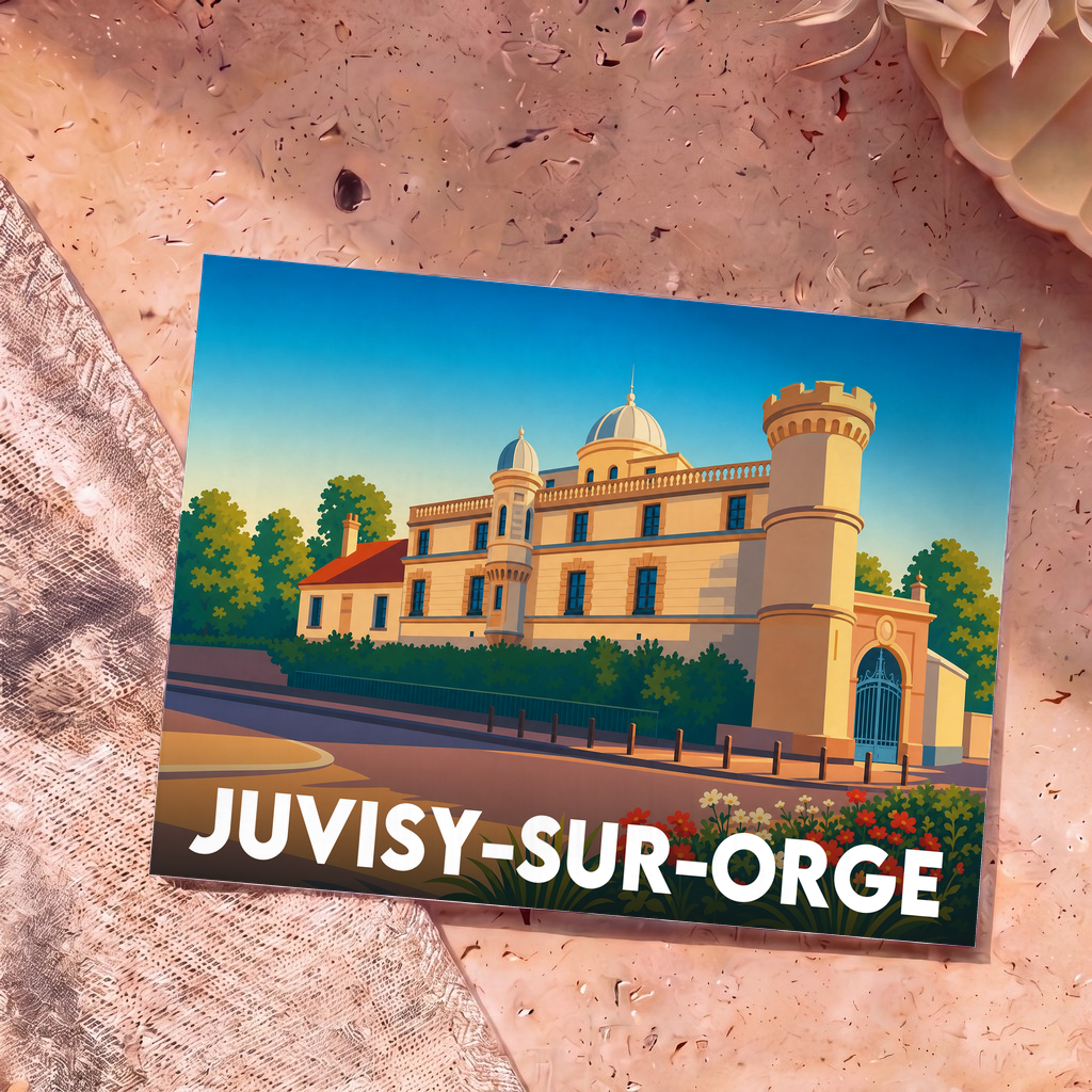 Carte postale souvenir de la ville de Juvisy-sur-Orge avec une illustration stylisée de son observatoire.